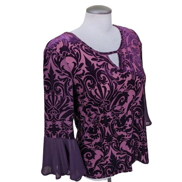 Womens Velvet Burnout Size M Burgundy Dark Plum Bell Sleeve Whimsigoth Witchy - Picture 3 of 6